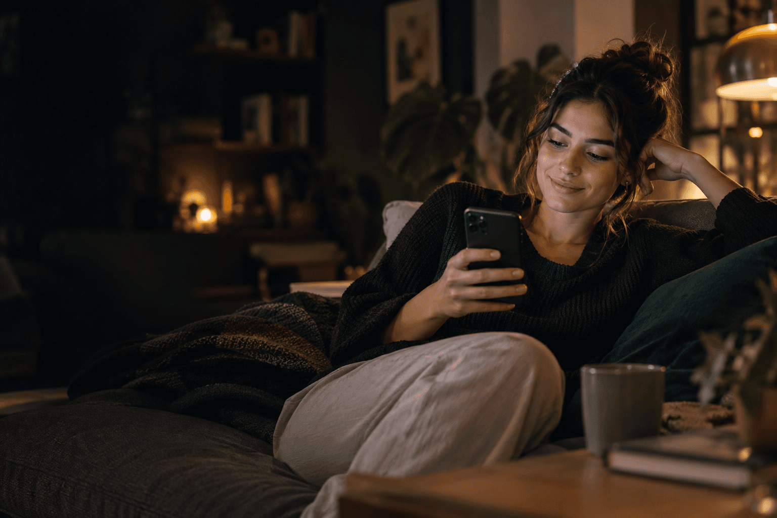 Persona revisando sus finanzas en el celular, tranquila en casa