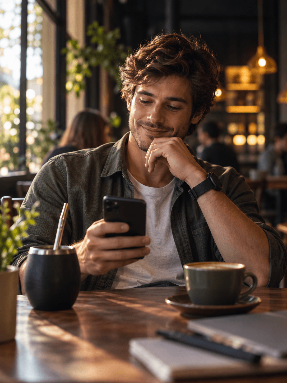 Joven revisando sus finanzas en un café
